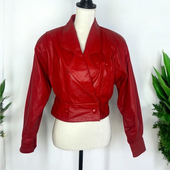 Vintage 80s 100% Leather Red Snap Button Cropped Motto Biker Lapel Jacket - Picture 1 of 17